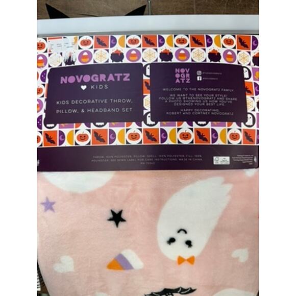 Adorable Pink Halloween Blanket Set, Heart Pillow, Bat Headband, Ghosts, Bats - Picture 6 of 6